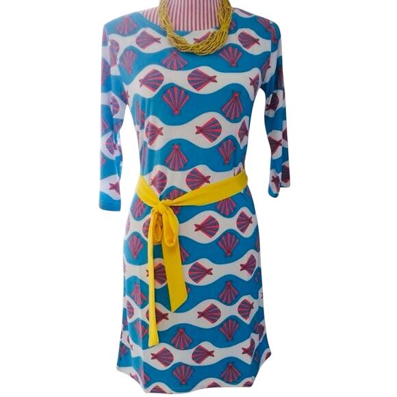Tracy Negoshian Seashell Print Shift Dress With Contrasting Belt Size Large - Picture 1 of 5